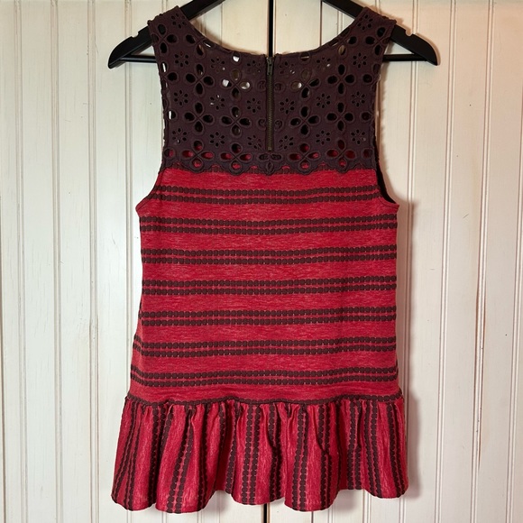 Free People Red Brown Striped Molly Retro Peplum Eyelet Top Sz S EUC - Picture 7 of 13